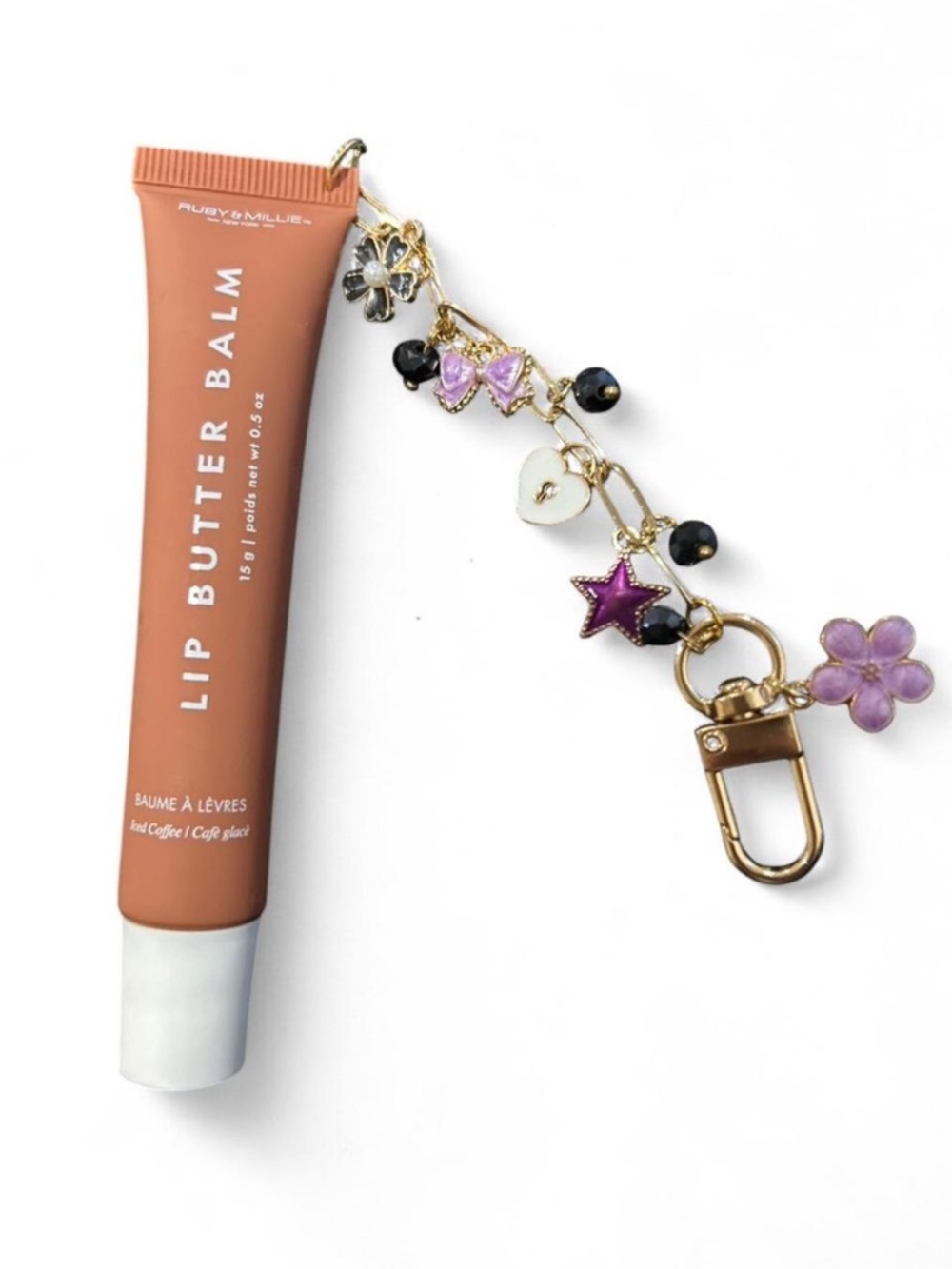 Ruby&Millie Iced Coffee Lip Butter Balm Gold Charm Keychain